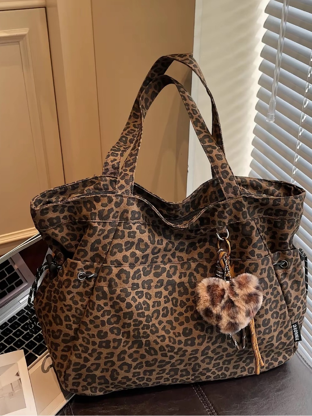 Vintage Totes Leopard Print Tote in Brown with Faux Fur Heart Charm